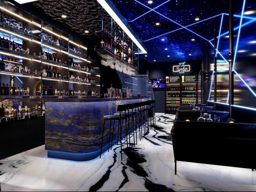 Panda White marble floor in a modern bar with blue lighting