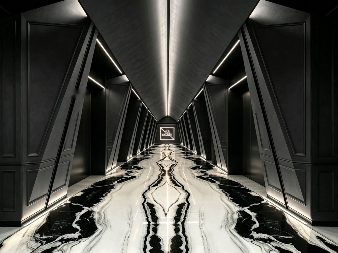 Panda White marble corridor floor with symmetrical black veining