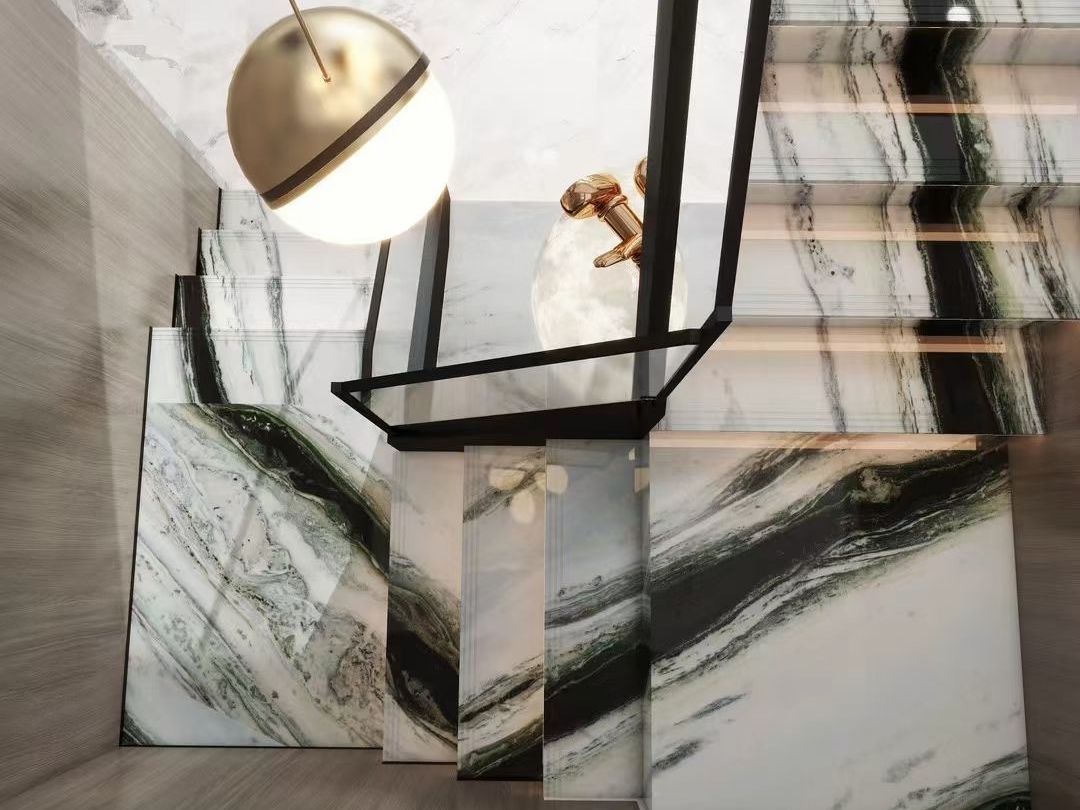 Floating Panda White marble staircase with glass railing