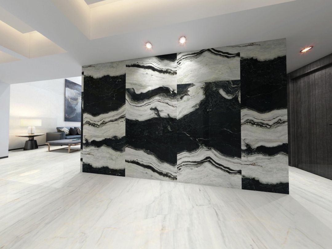 Panda marble feature wall with bold black and white bands