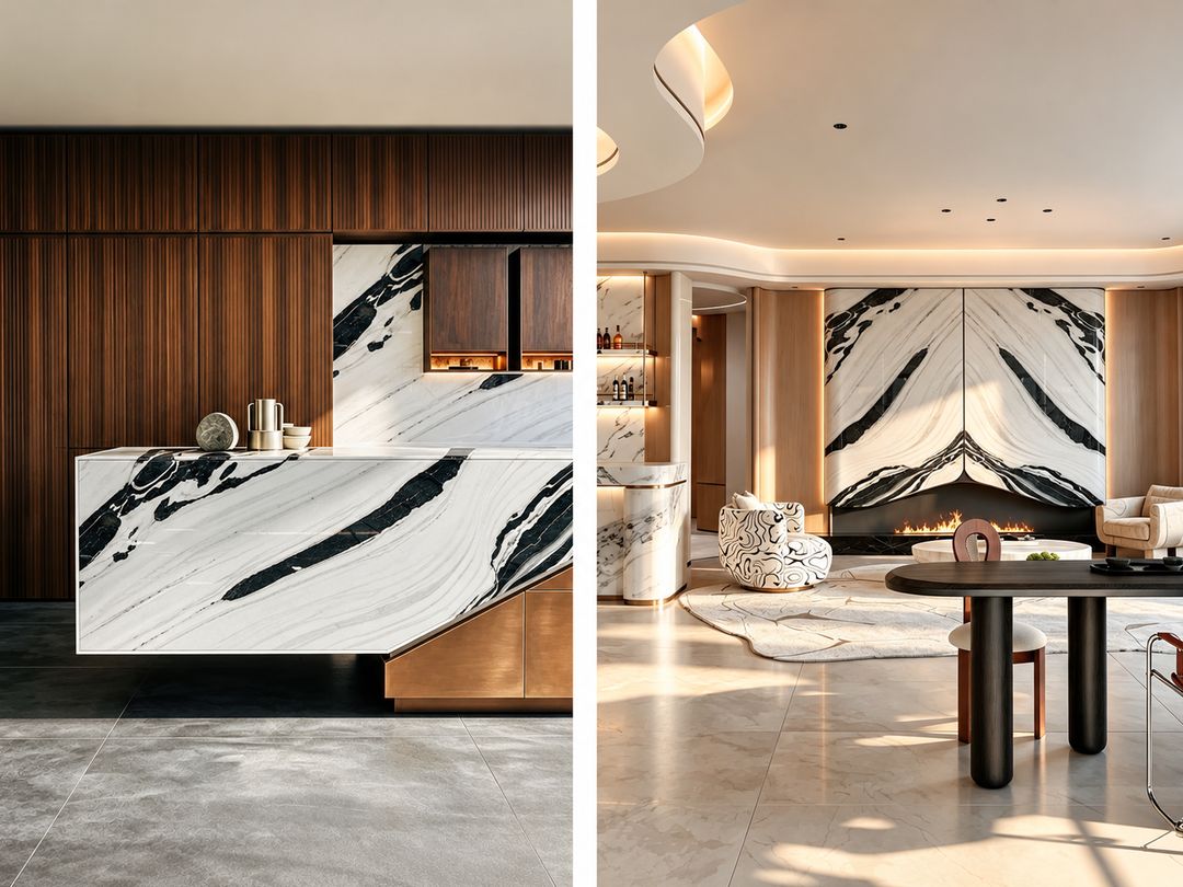 Panda White marble feature wall and bookmatched fireplace surround